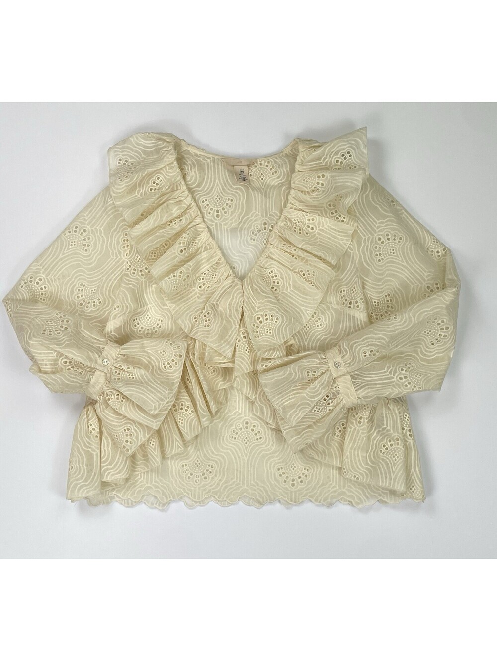 H&M Ruffle Front Eyelet Embroidered V-Neck Statement Poet Blouse Cream Med